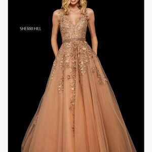 Sherri Hill Tan Lace Prom Dress